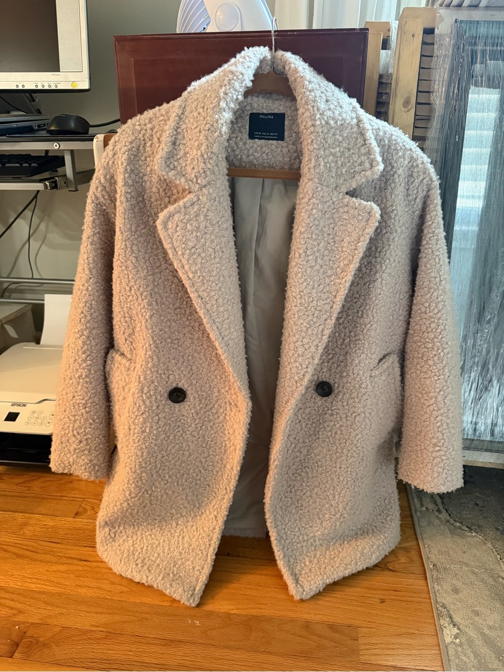 Bershka Light Beige Teddy Coat with Double-Breasted Buttons